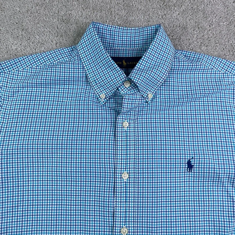 Ralph Lauren Shirt Mens Medium Blue Gingham Button Down Long Sleeve Cotton Pony